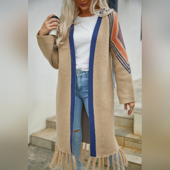 Fringe Retro Geometric Knit Duster Cardigan Sleeve Colorful Open Front Sweater - Picture 6 of 15